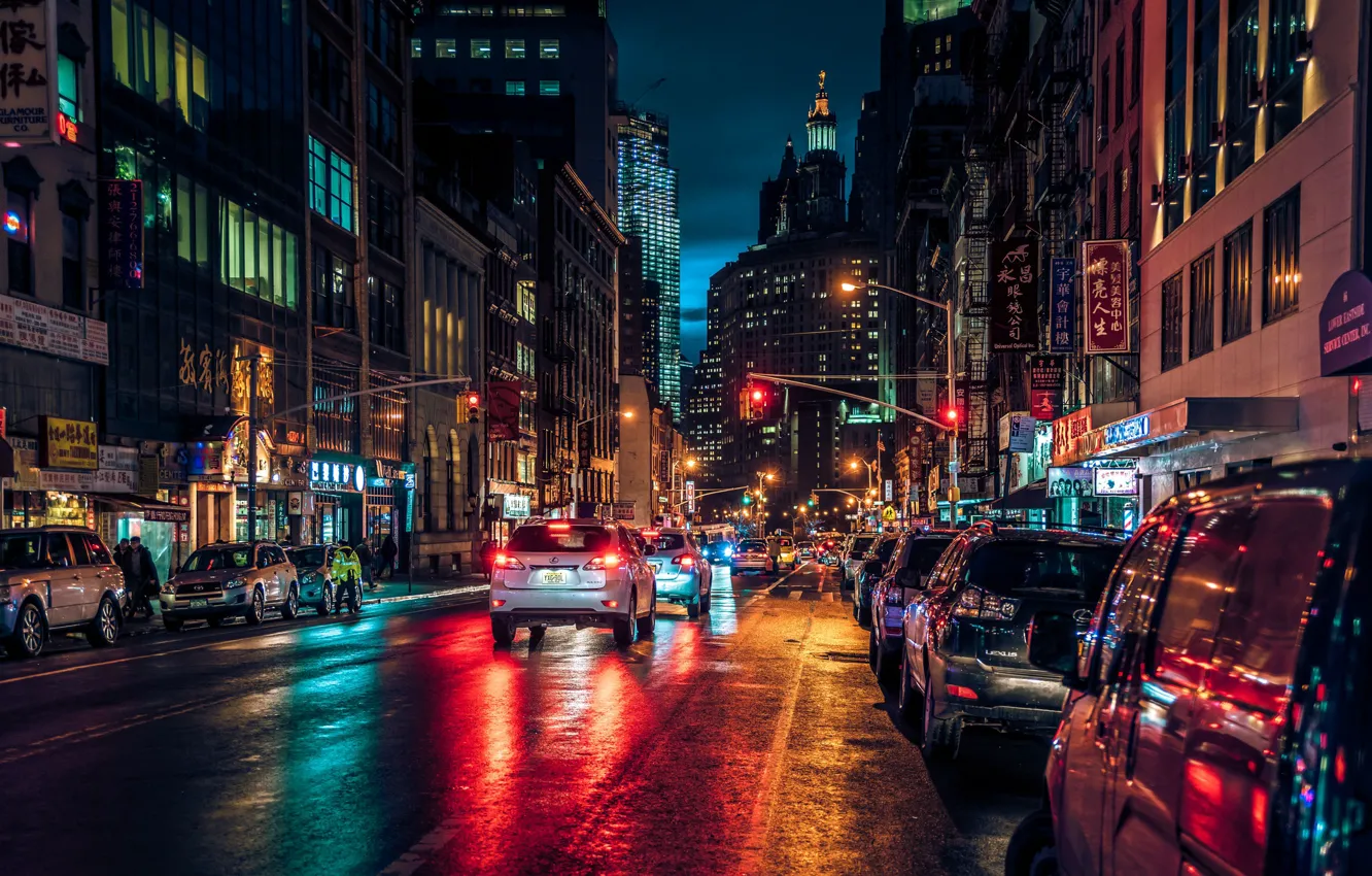 Photo wallpaper night, lights, street, New York, Manhattan, New-York, Manhattan, Chinatown