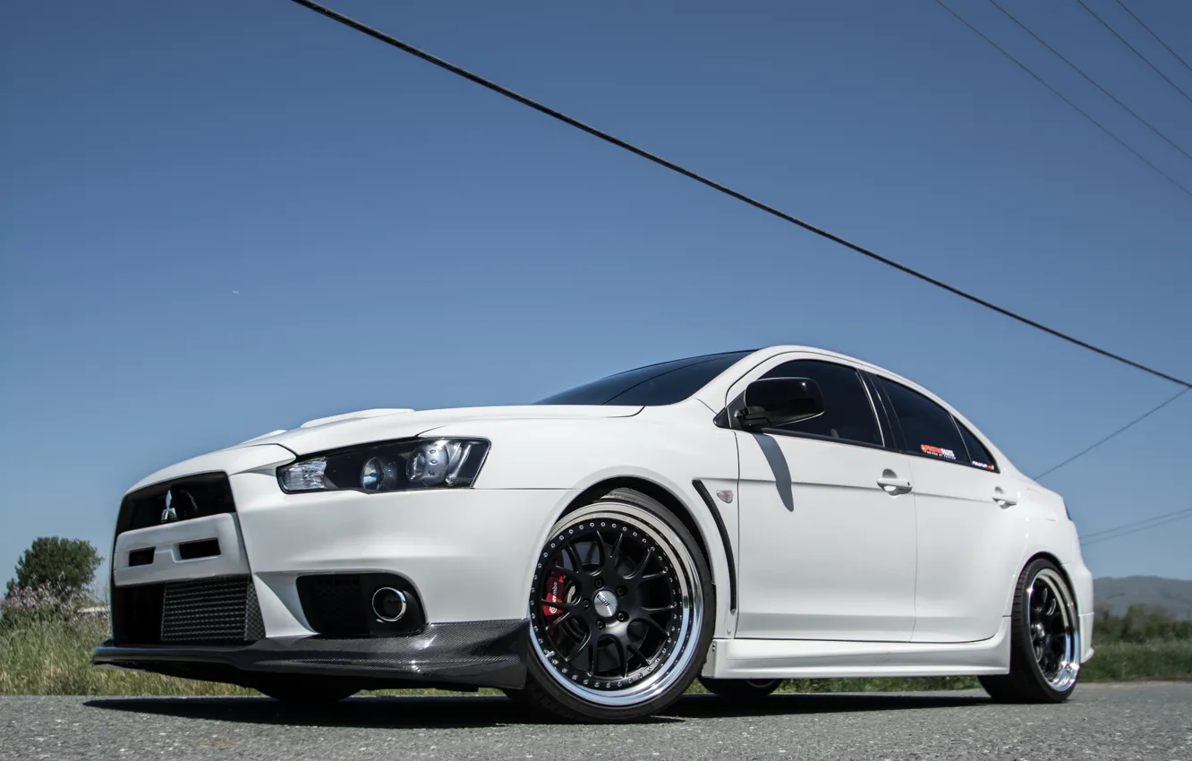 Photo wallpaper white, wheels, black, mitsubishi, lancer, evolution