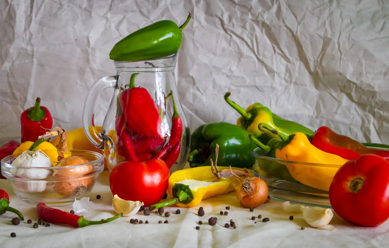 Photo wallpaper bow, pepper, still life, vegetables, tomatoes