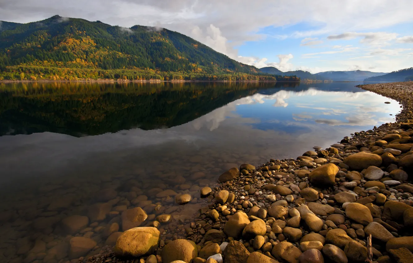 Photo wallpaper autumn, the sky, water, transparency, clouds, mountains, reflection, river