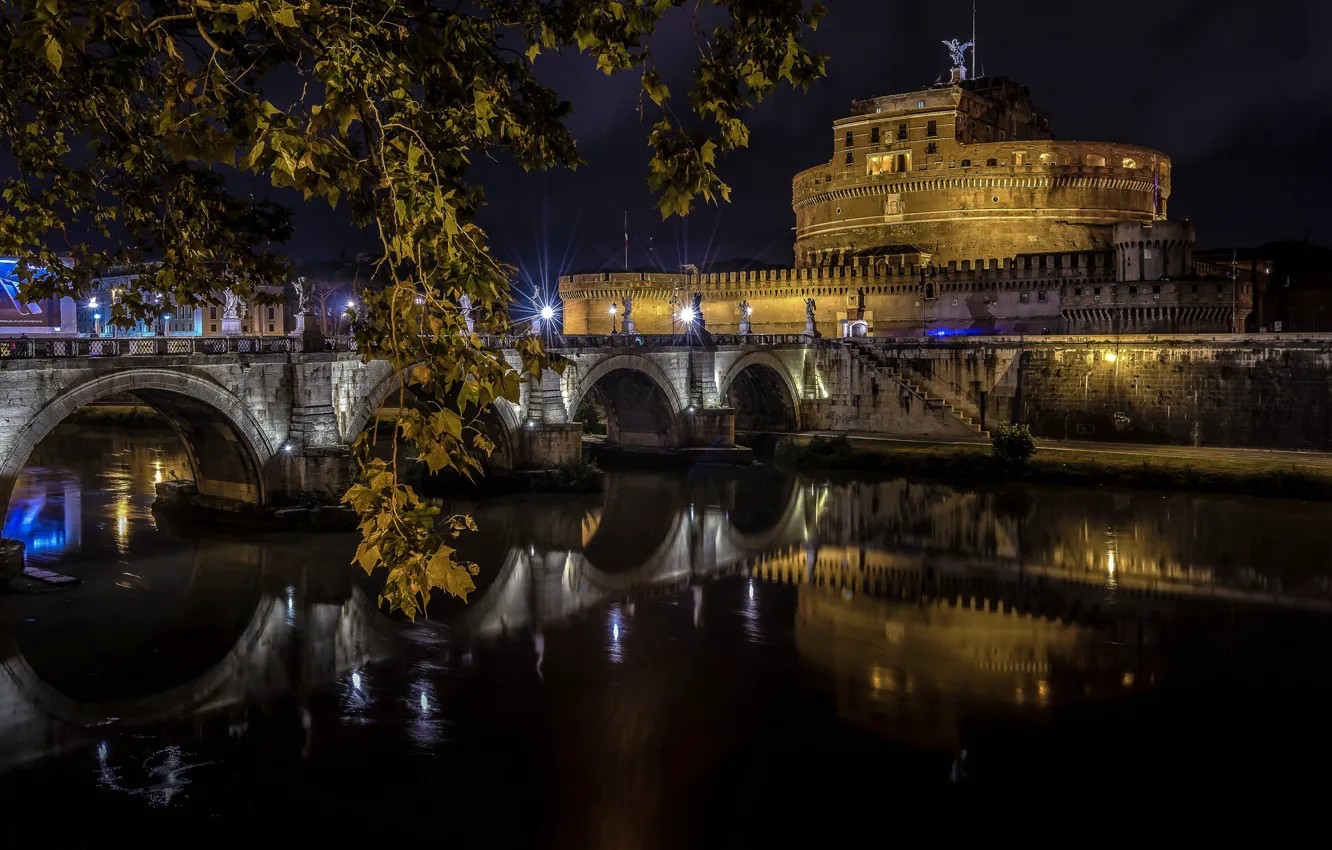 Photo wallpaper night, lights, river, Rome, Italy, The Tiber, Ponte Sant'angelo, Castel Sant'angelo