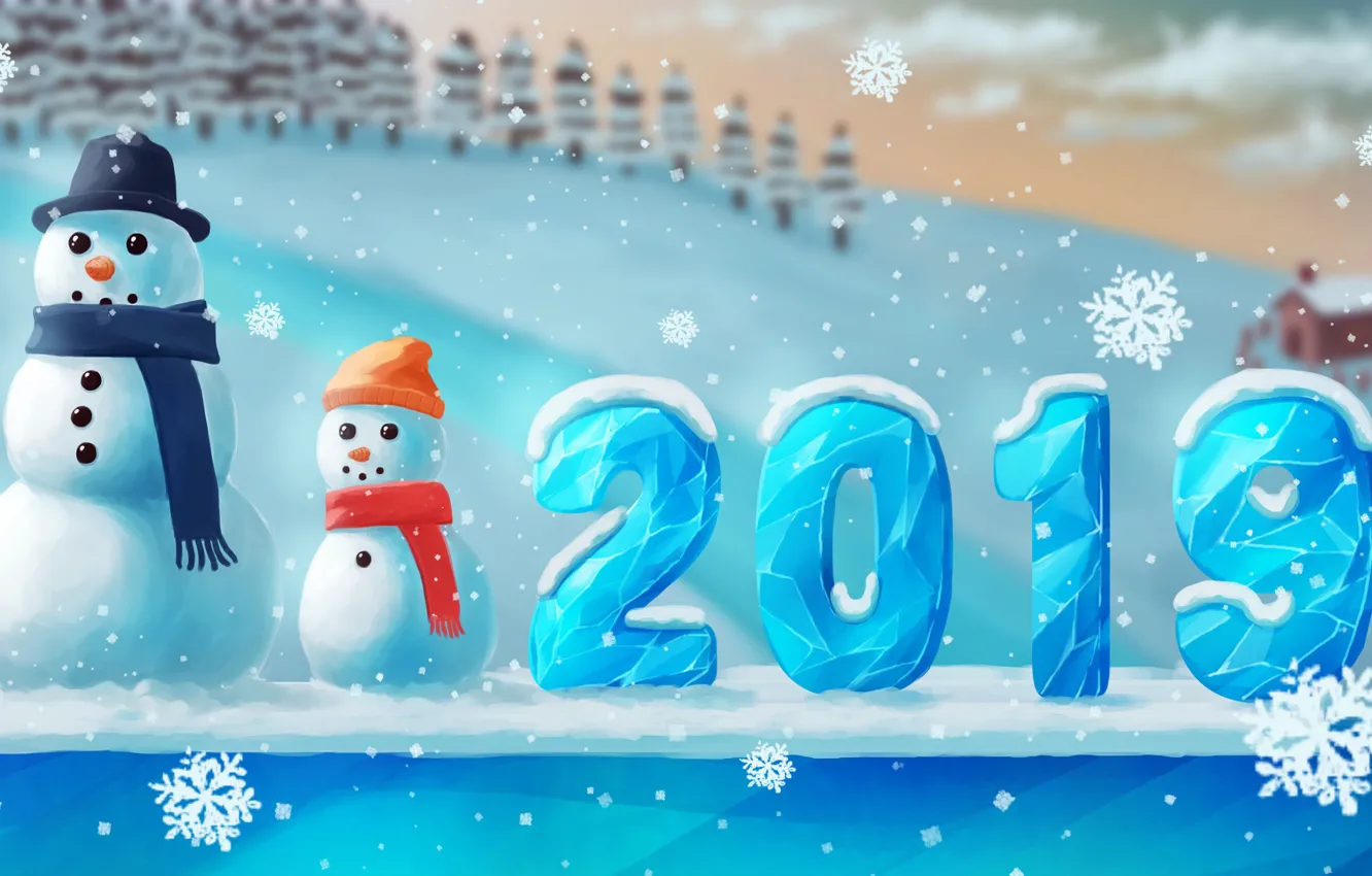 Photo wallpaper figures, snowmen, snowman, ice, house, new year, hat, winter