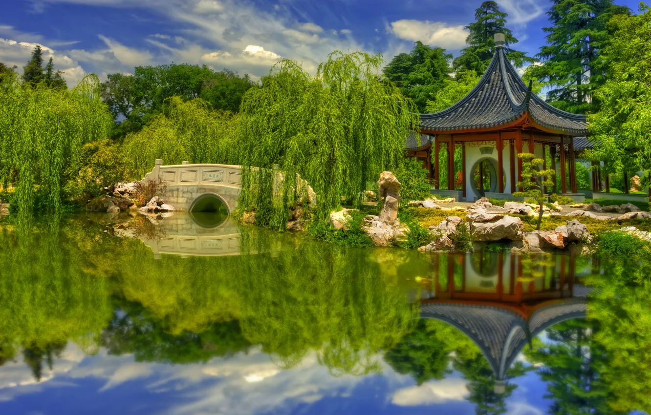Photo wallpaper trees, landscape, pond, Park, reflection, stones, pagoda, USA