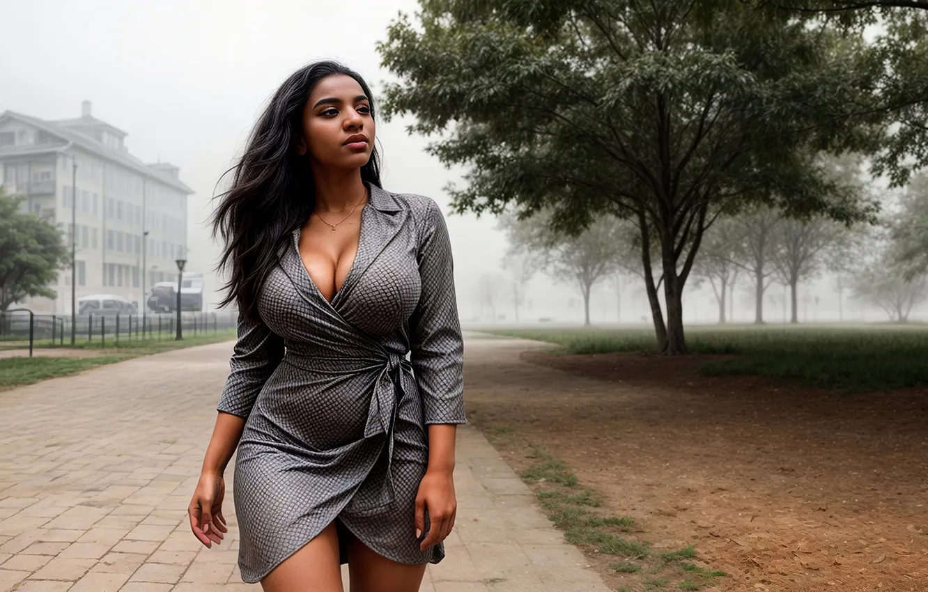 Photo wallpaper girl, fog, street, walk