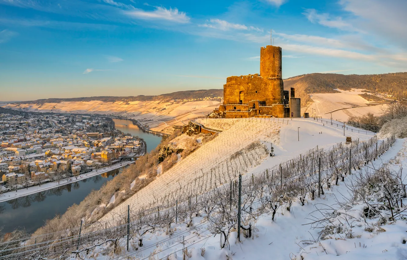 Photo wallpaper snow, river, castle, tower, Germany, Landshut Castle