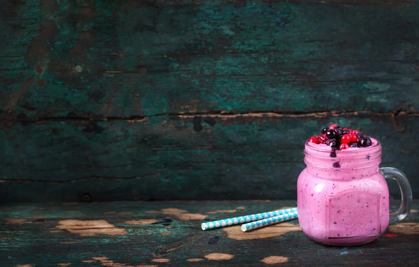 Photo wallpaper berries, raspberry, Breakfast, black, red, currants, smoothies with yogurt
