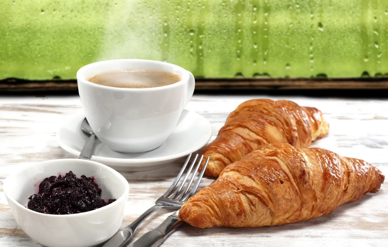 Photo wallpaper glass, drops, rain, coffee, Breakfast, cup, jam, coffee