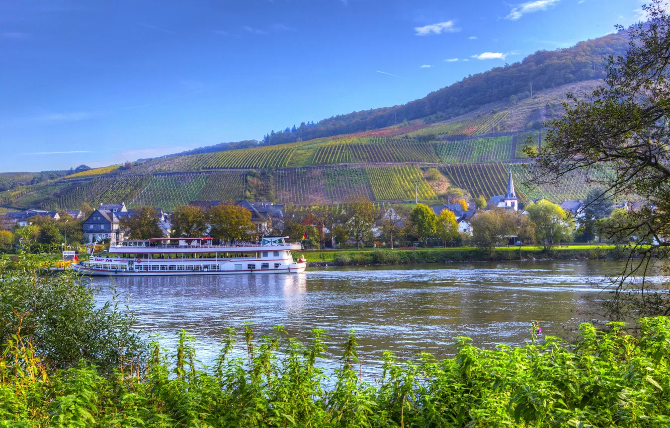 Photo wallpaper field, river, Germany, town, ship, Senheim