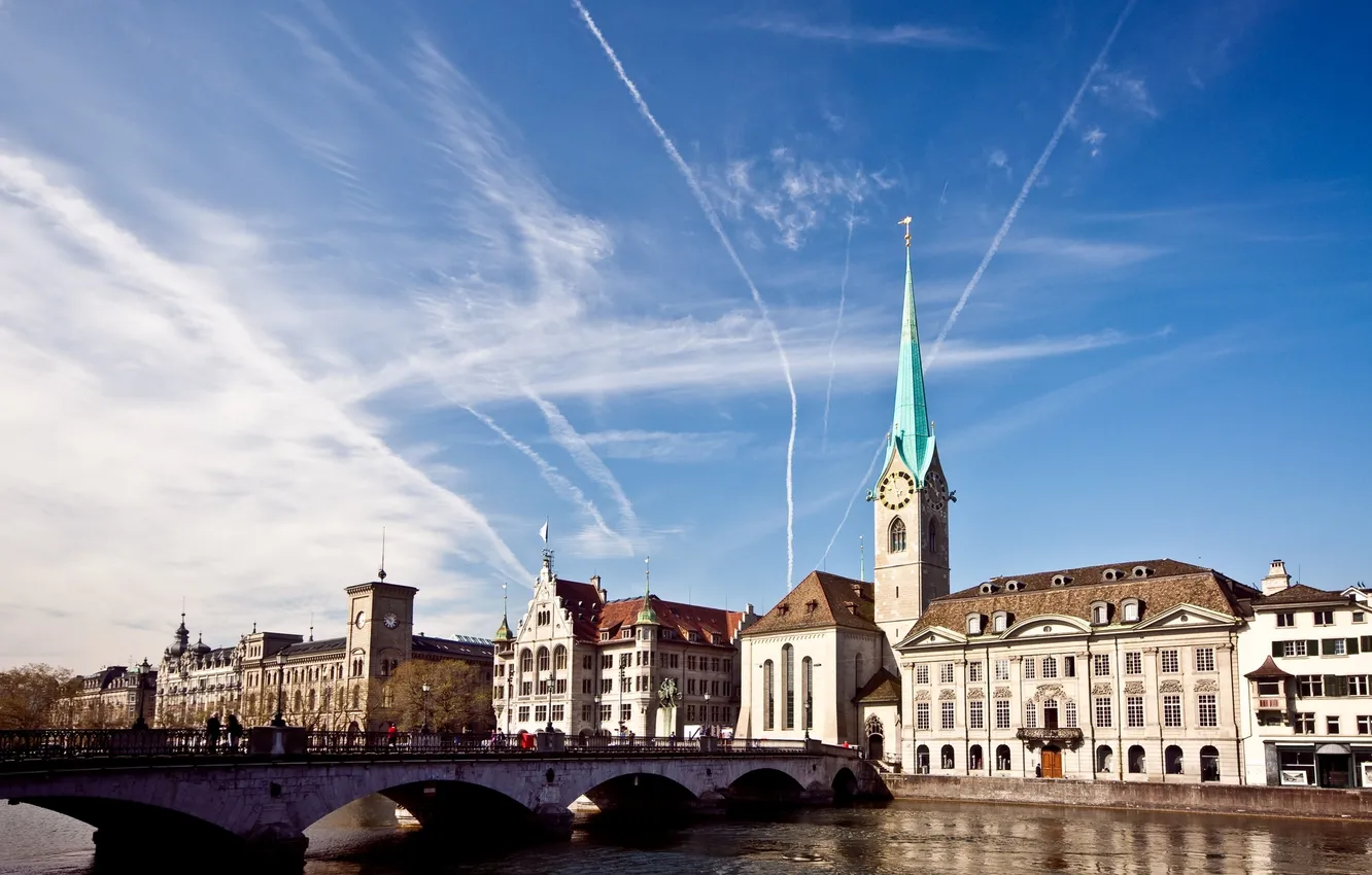 Photo wallpaper the sky, the sun, bridge, the city, background, Wallpaper, watch, building