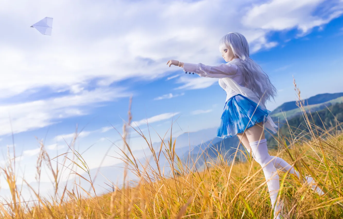 Photo wallpaper the sky, toy, doll, blonde, paper, airplane