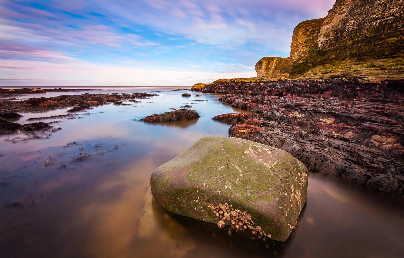 Photo wallpaper sea, the sky, clouds, mountains, stones, rocks