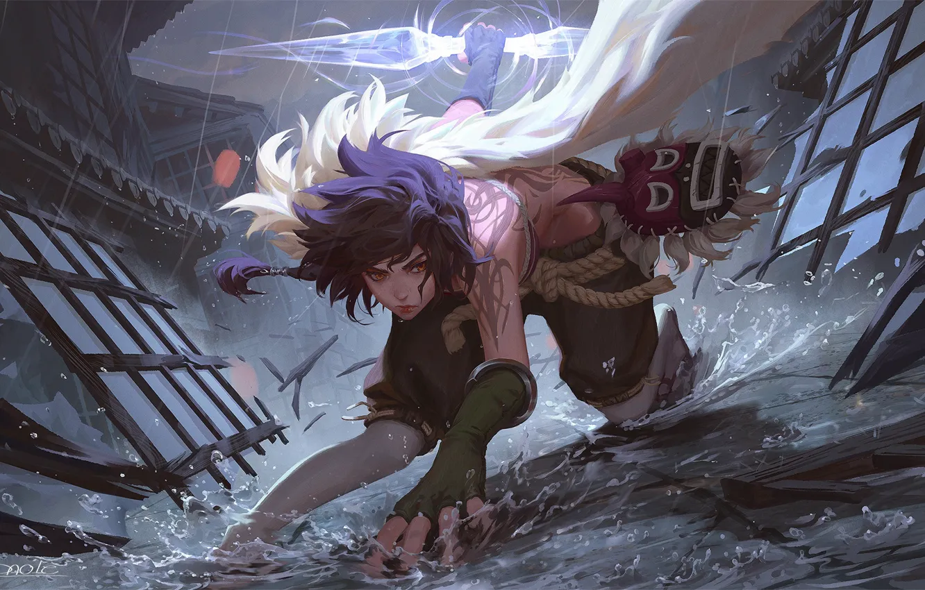 Photo wallpaper glass, girl, lights, weapons, mask, window, destruction, girl