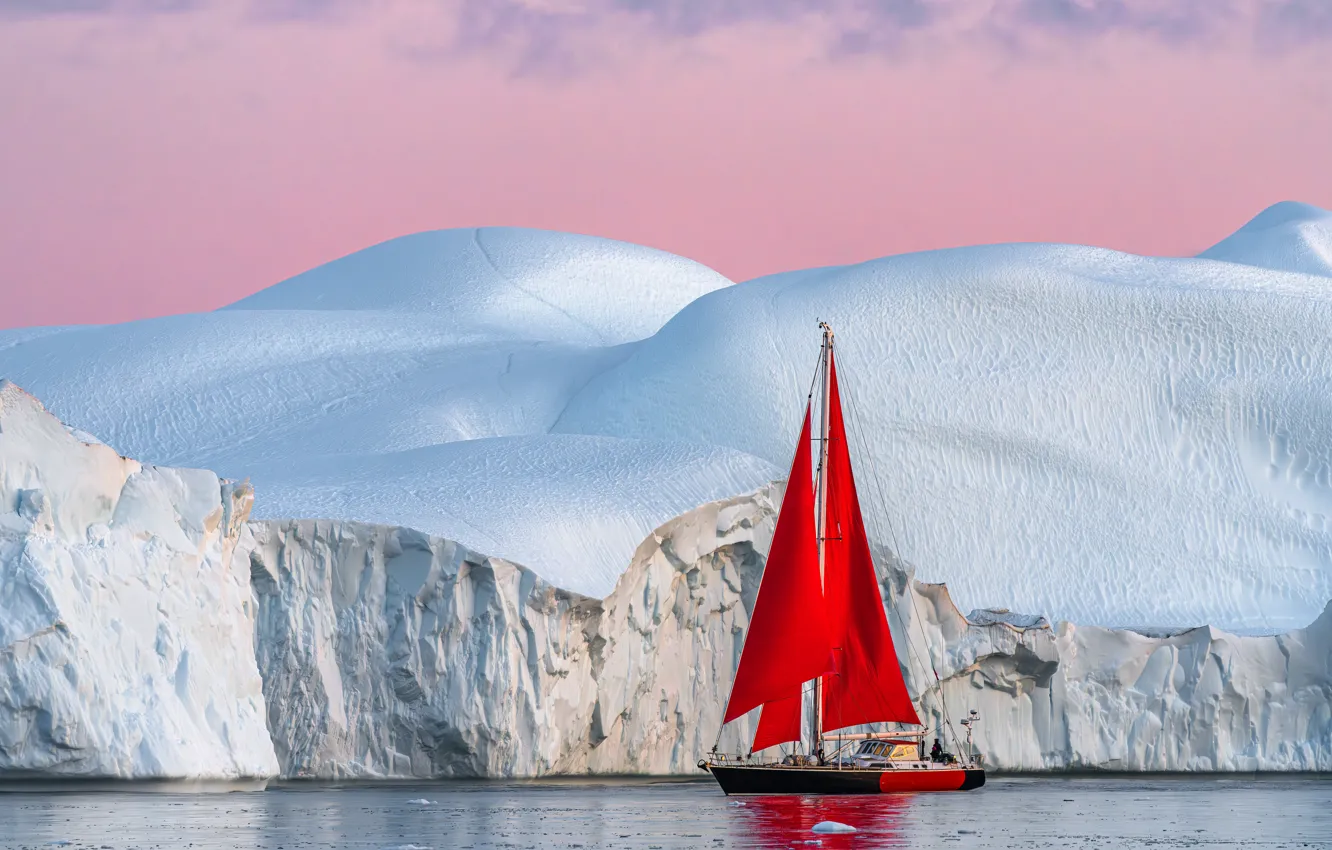 Photo wallpaper ice, yacht, iceberg, scarlet sails, Greenland, Greenland, Disko Bay, Disko Bay