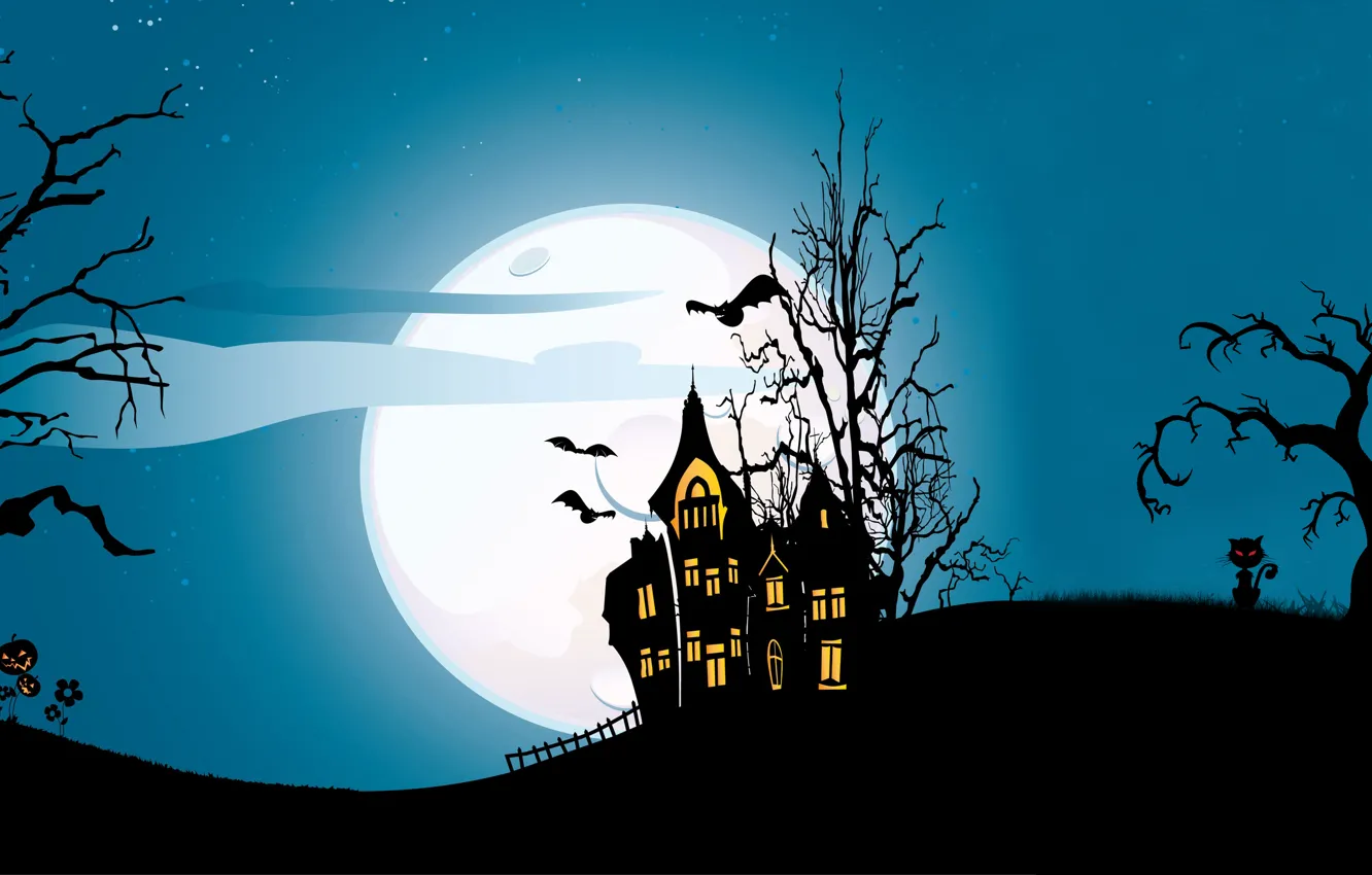 Photo wallpaper cat, trees, castle, vector, vector, bat, horror, horror
