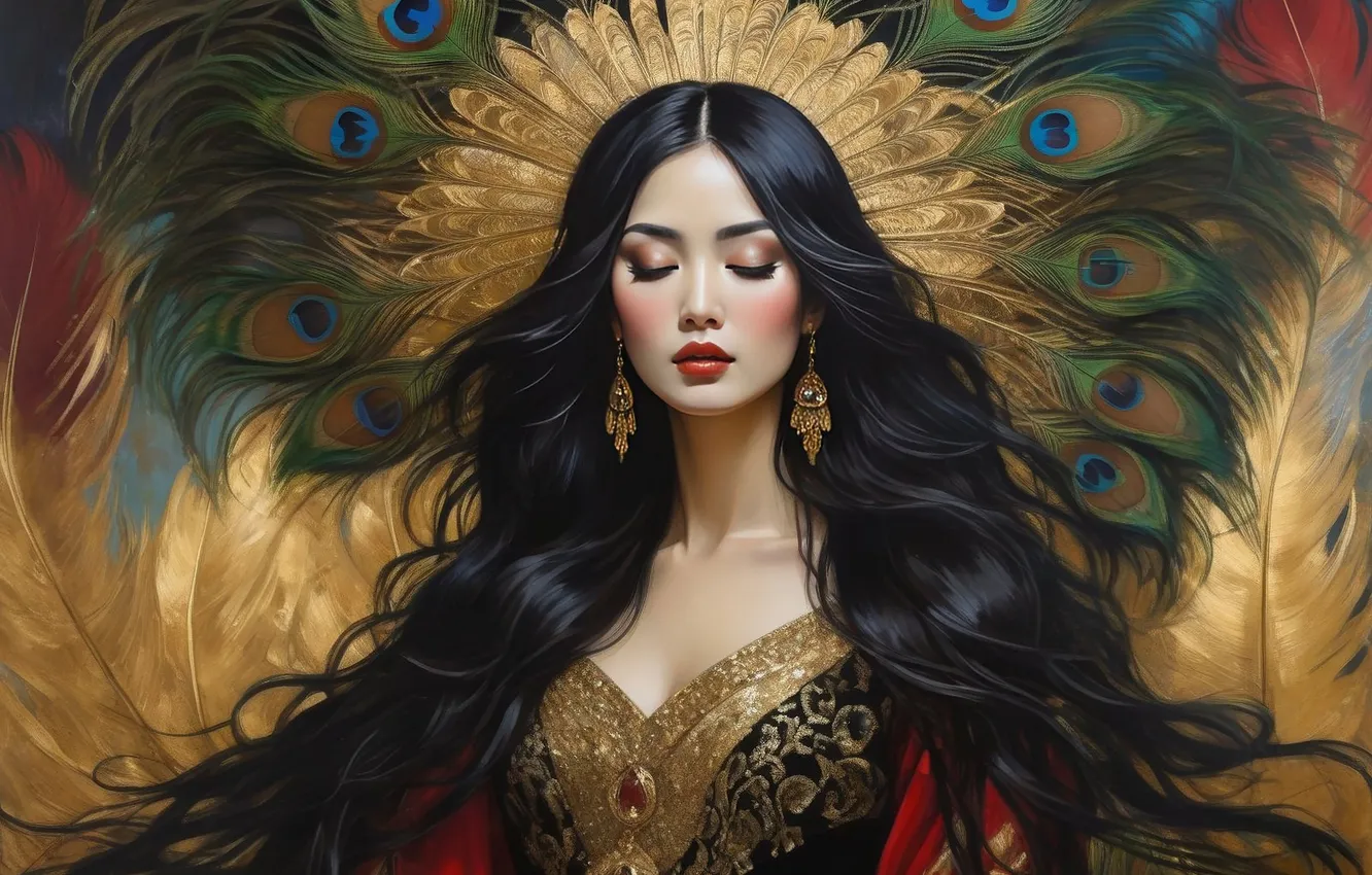 Photo wallpaper girl, decoration, pose, earrings, feathers, crown, makeup, dress