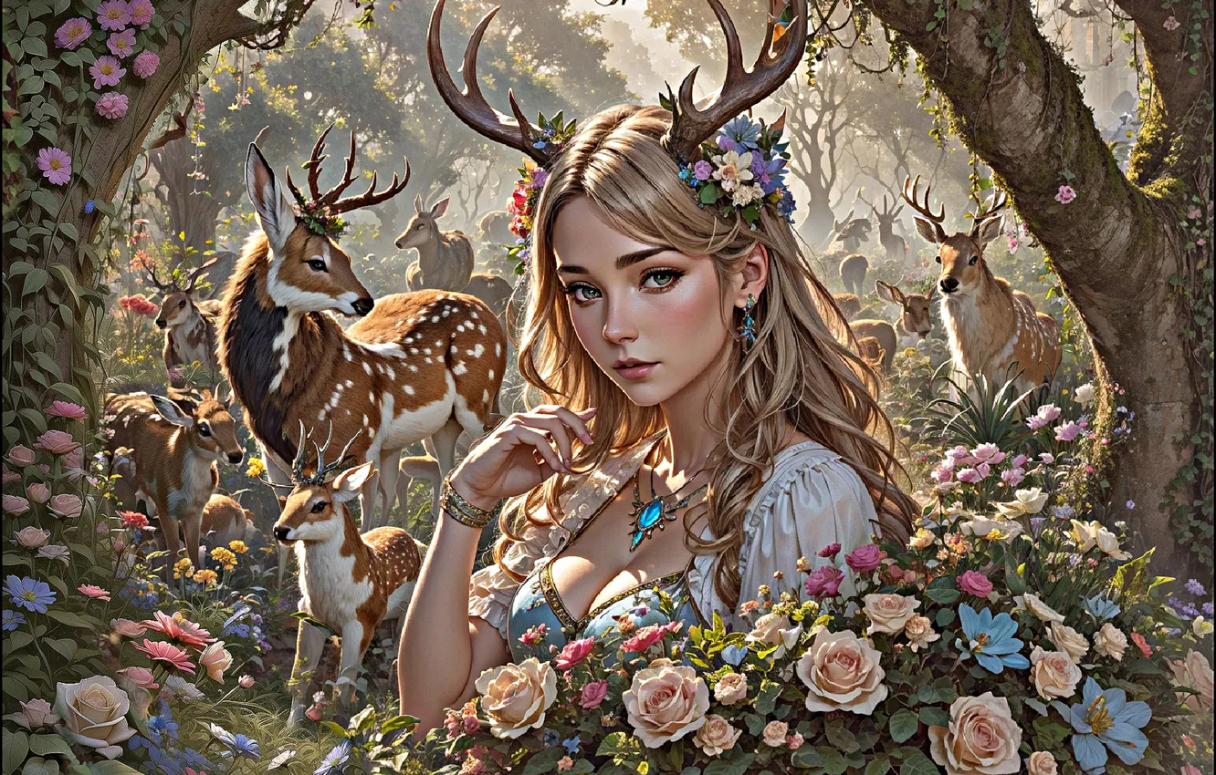 Photo wallpaper deer, pose, look, AI art, nymph, girl, forest, horns