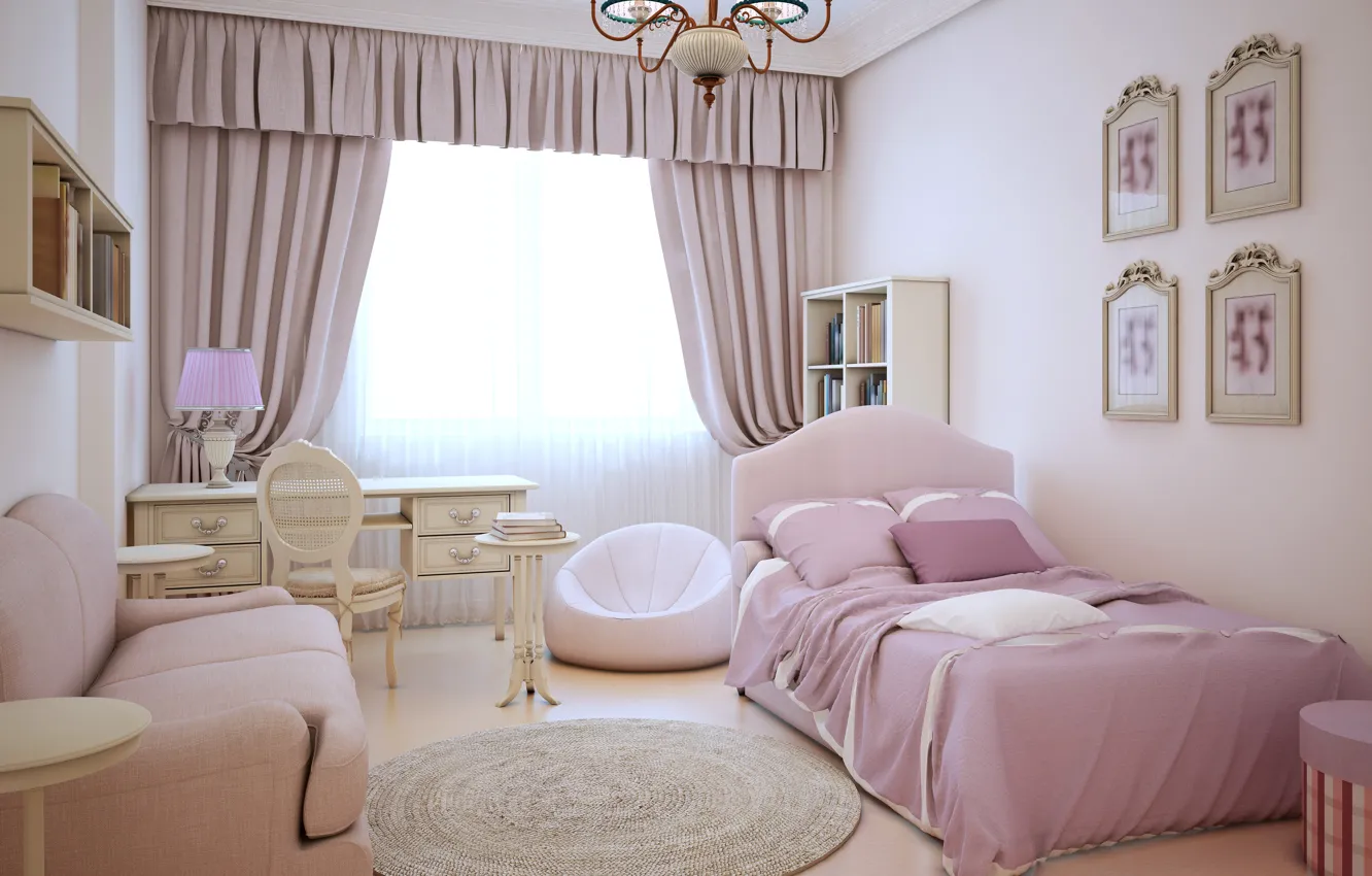 Photo wallpaper design, room, bed, window, chandelier, curtains, room, interior