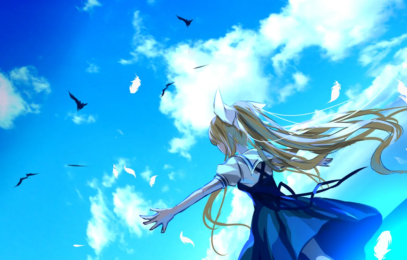 Photo wallpaper clouds, joy, birds, feathers, long hair, Air, sundress, blue sky