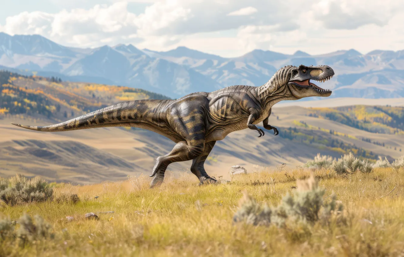 Photo wallpaper Mountains, Grass, Running, Predator, Dinosaur, Animal, Digital art, Tyrannosaurus