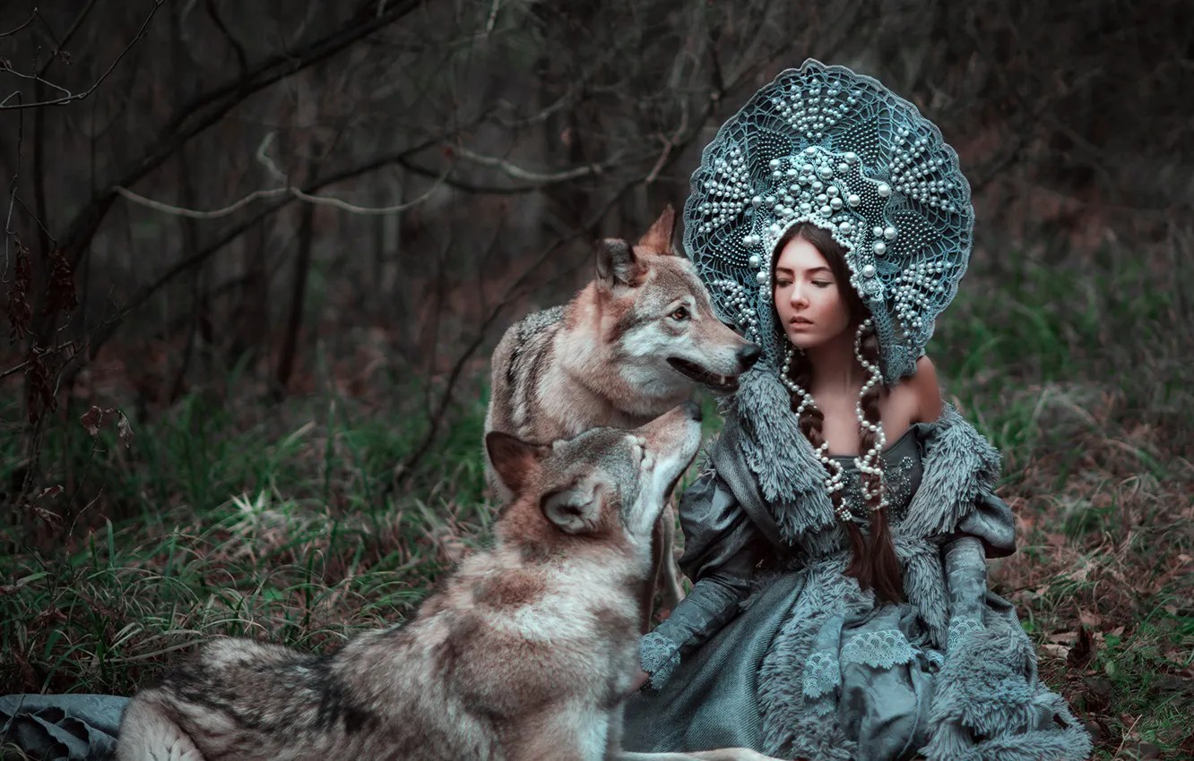 Photo wallpaper forest, girl, beauty, wolves, Xenia, kokoshnik, Maria Lipina