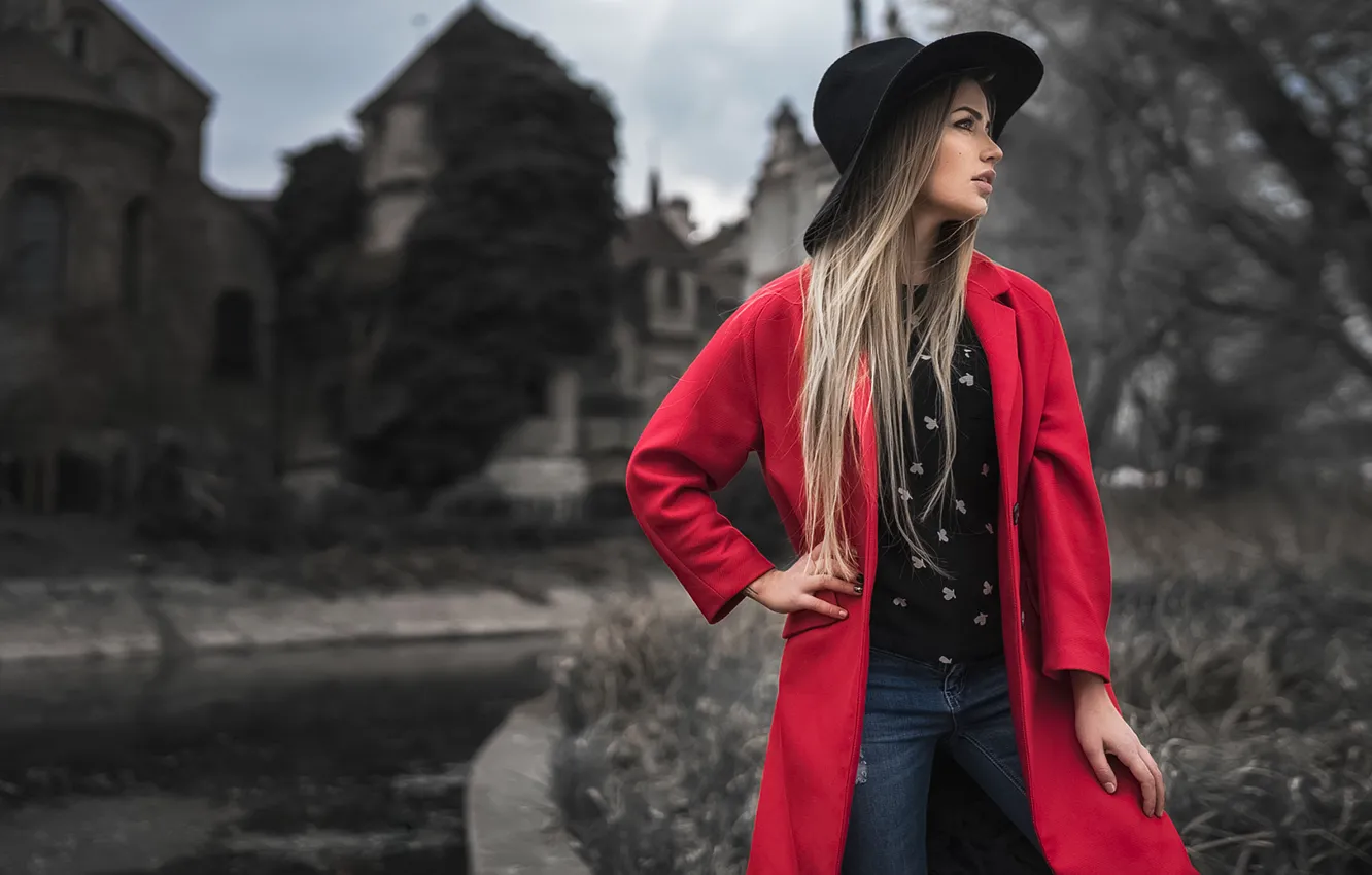 Photo wallpaper Girl, Red, Model, Beauty, View, Coat, Nice, Mary Jane