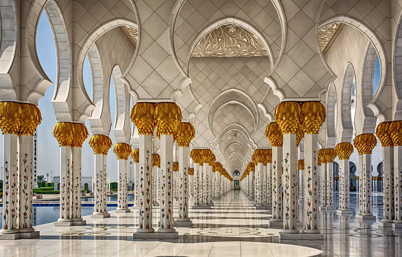 Photo wallpaper pool, architecture, column, UAE, Abu Dhabi, the Sheikh Zayed Grand mosque