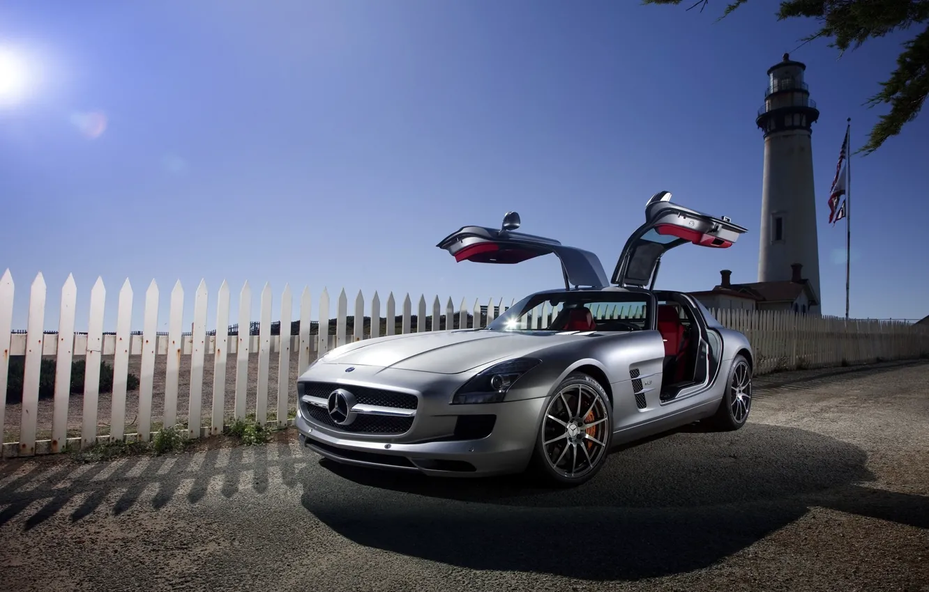 Photo wallpaper road, machine, mercedes, Mercedes, sls amg the sun