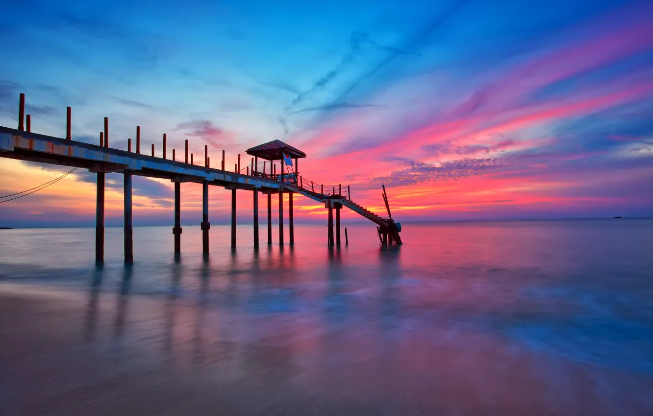 Photo wallpaper sea, the sky, clouds, sunset, pier, pierce, glow