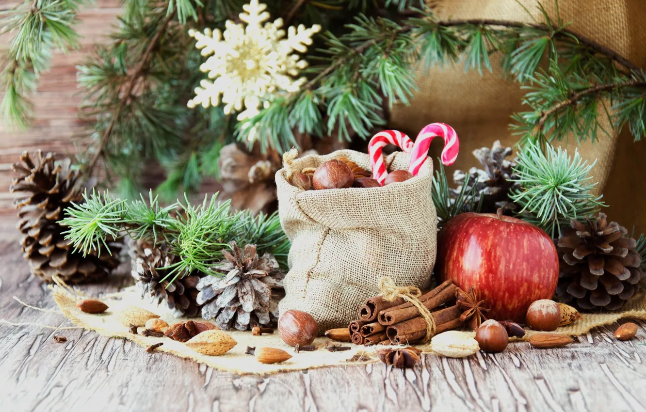 Photo wallpaper branches, holiday, new year, Apple, Christmas, candy, nuts, cinnamon