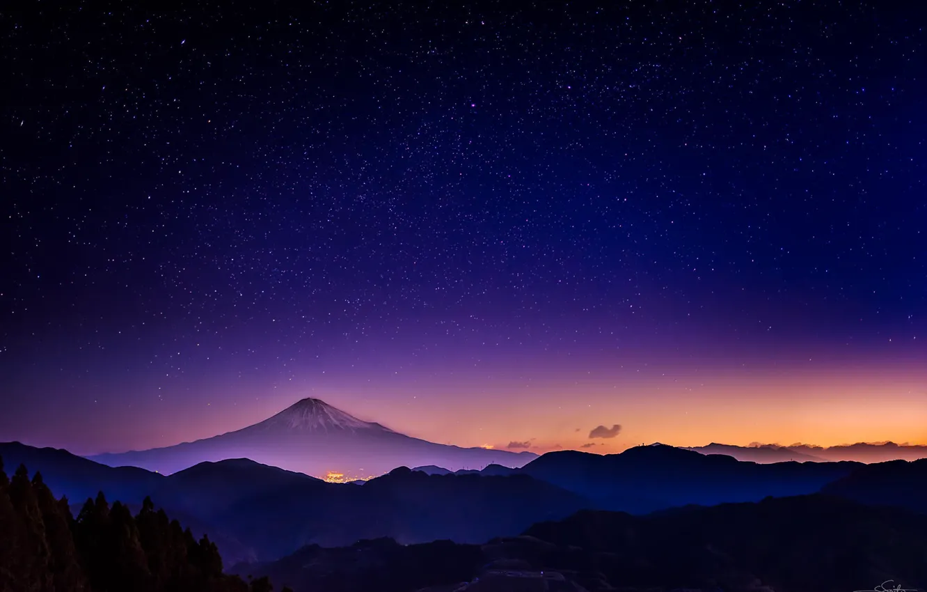 Photo wallpaper the sky, stars, mountains, night, nature, glow