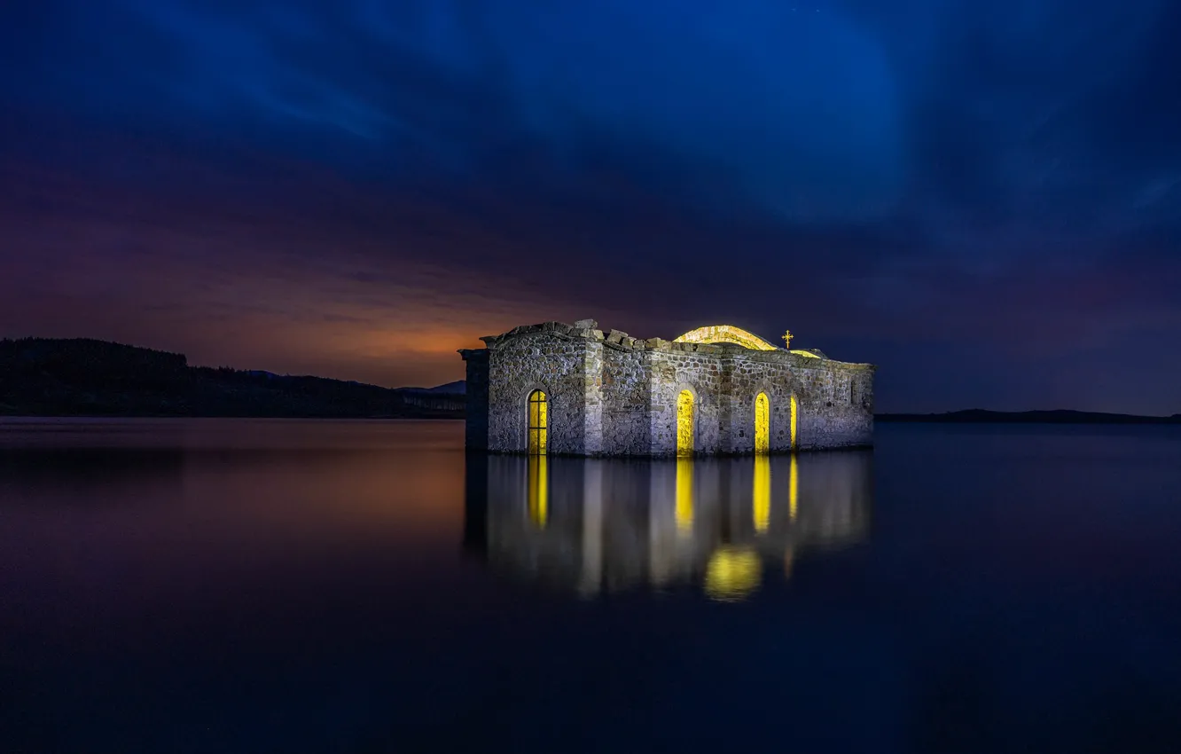 Photo wallpaper night, lake, ruins