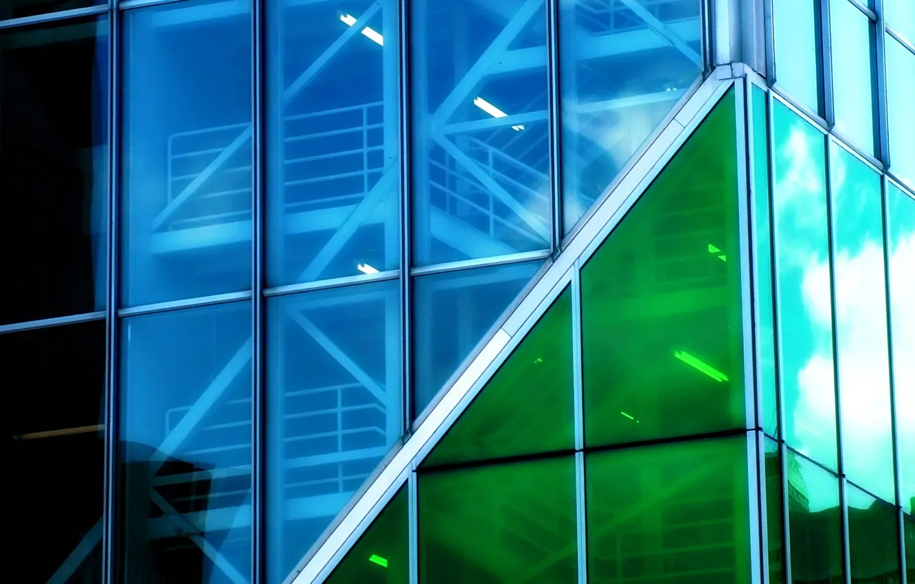 Photo wallpaper glass, blue, green, building