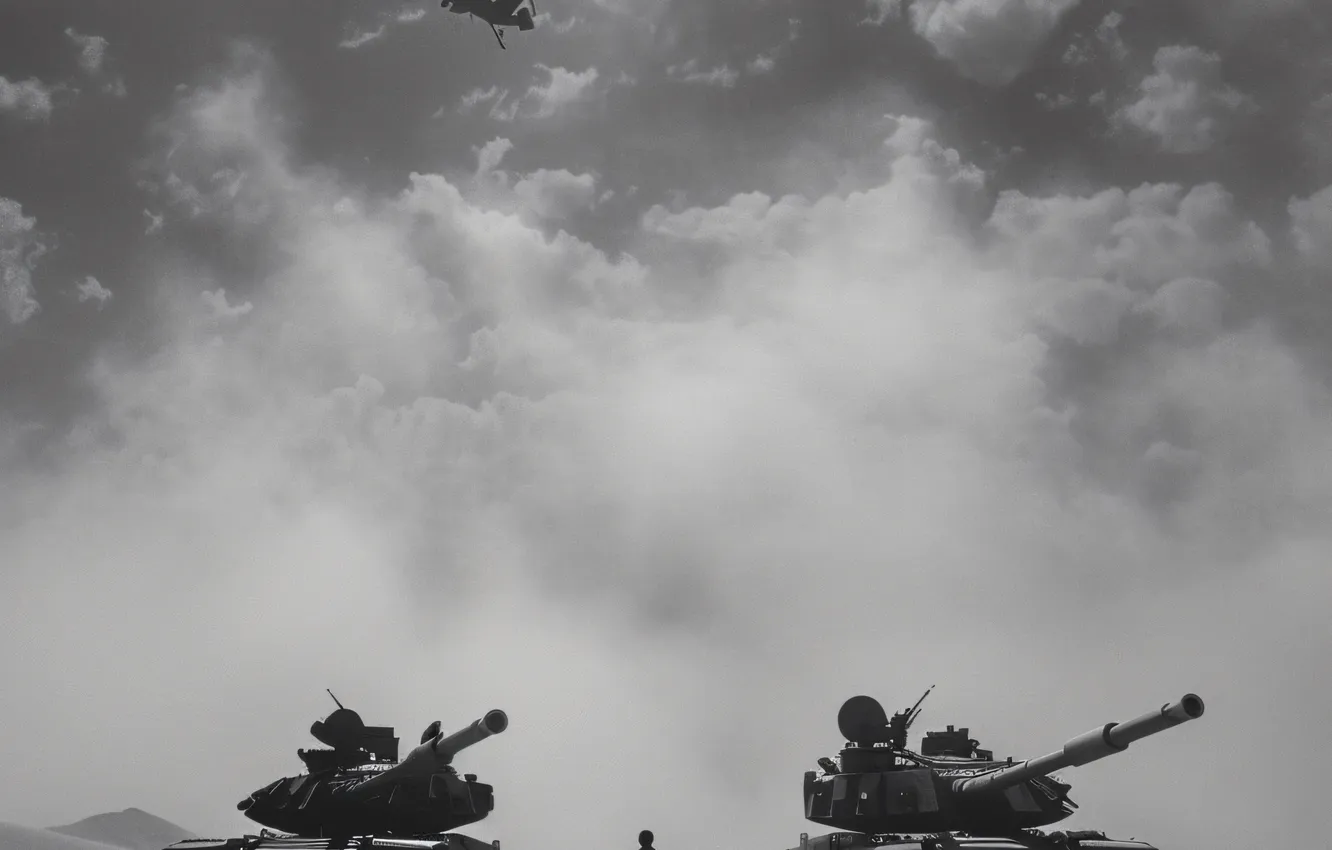 Photo wallpaper Dust, Helicopter, Soldiers, Tanks, Digital art, Black and white, AI art, The Art of Artificial …