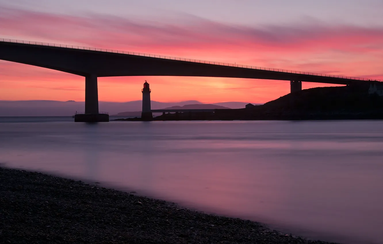 Photo wallpaper sea, sunset, bridge, shore, lighthouse, the evening, Scotland, UK