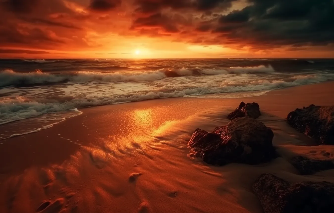 Photo wallpaper sea, beach, sunset, figure, golden, beach, sky, digital