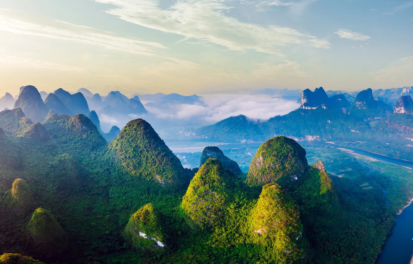 Photo wallpaper China, China, Guilin, aerial view, Guilin, Bird's-eye view, Karst Mountains Sunrise, Sunrise in the karst …
