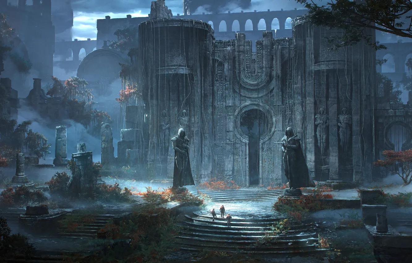 Photo wallpaper fantasy, ruins, castle, digital art, artwork, sunlight, fantasy art, Illustration