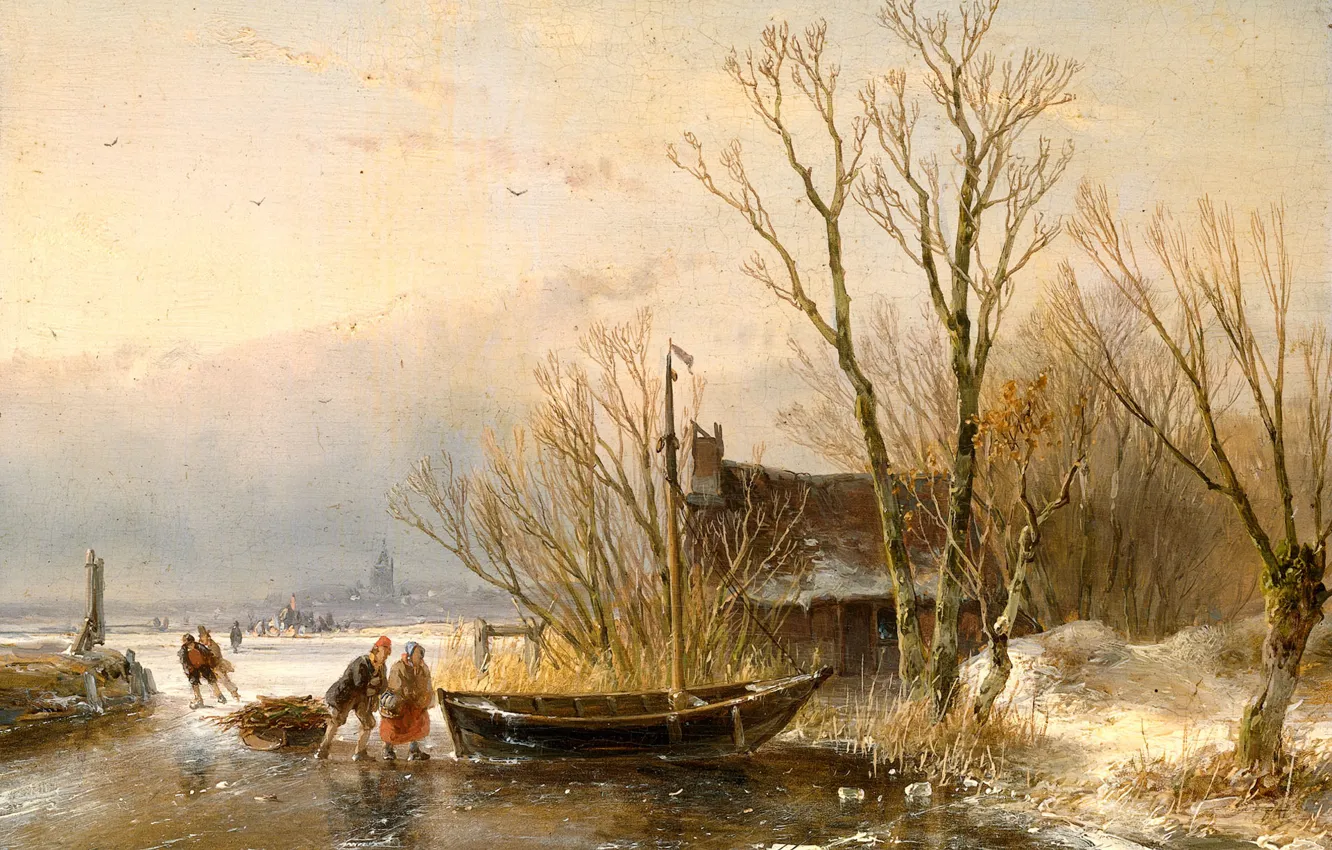 Photo wallpaper trees, landscape, oil, picture, Andreas Schelfhout, Collectors Of Firewood