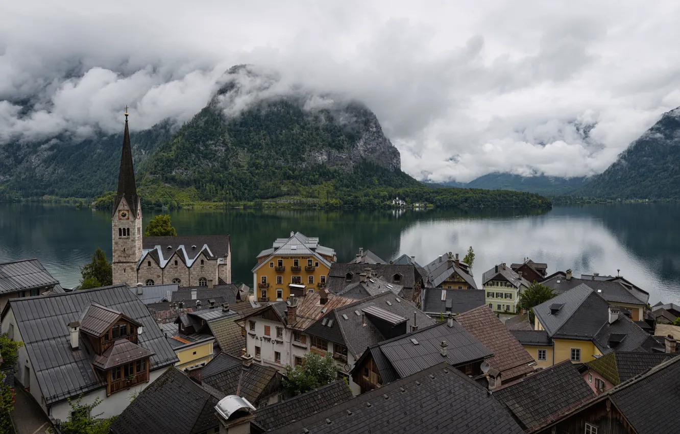 Photo wallpaper forest, clouds, mountains, lake, shore, home, Austria, Hallstatt