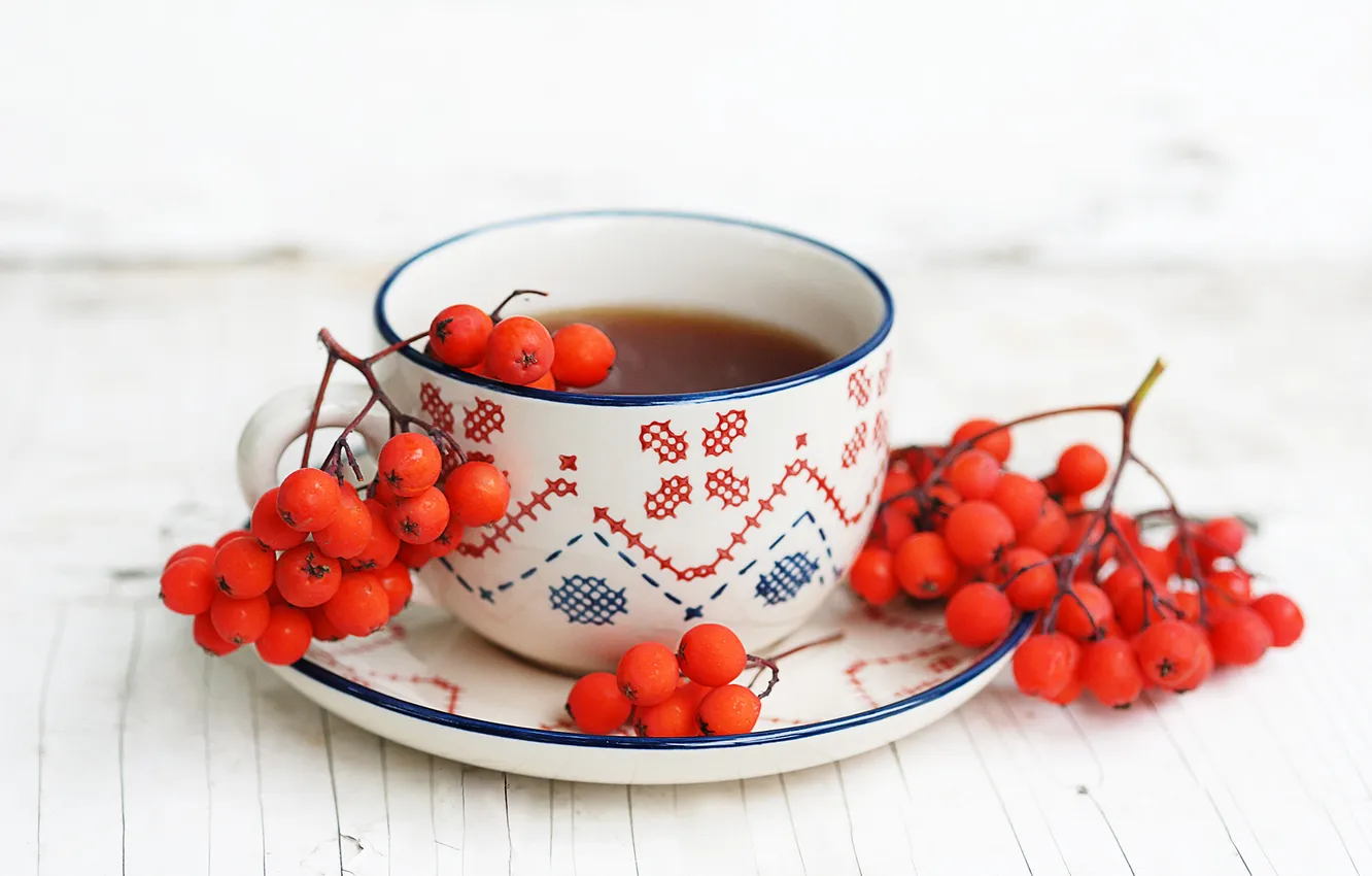 Photo wallpaper autumn, berries, tea, Cup, saucer, Rowan