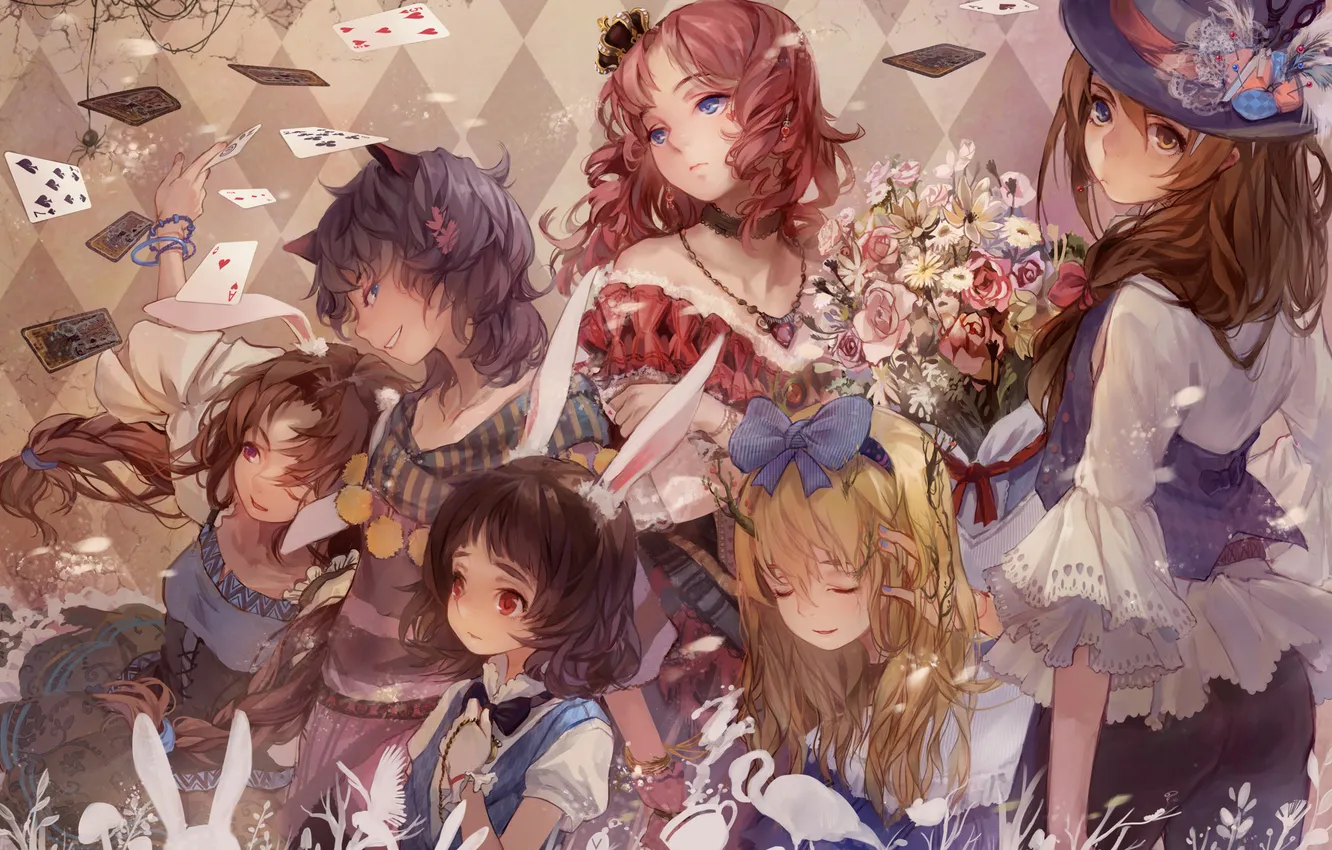 Photo wallpaper girl, flowers, map, hat, dress, ears