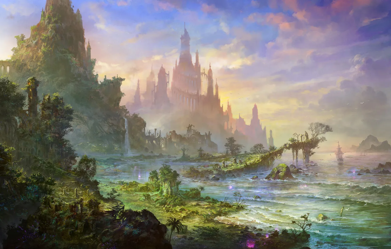 Photo wallpaper sea, clouds, light, mountains, vegetation, ships, Castle, ruins