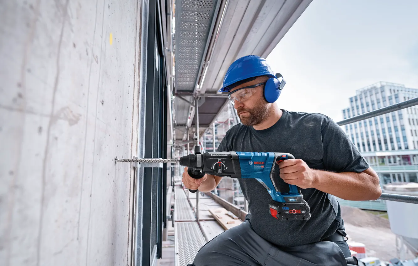 Photo wallpaper man, bosch, Hammer, construction, drill