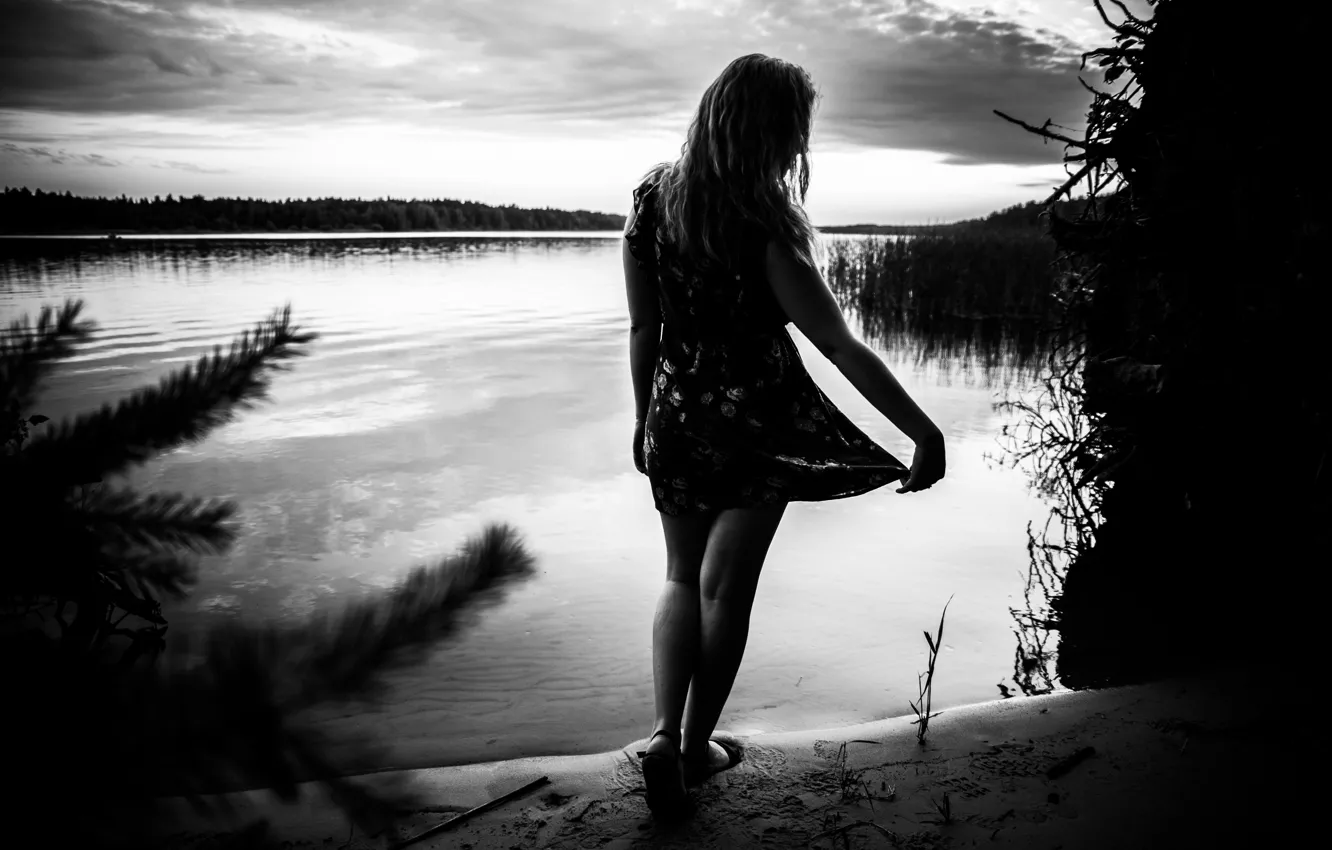 Photo wallpaper sand, forest, water, girl, landscape, nature, roots, river