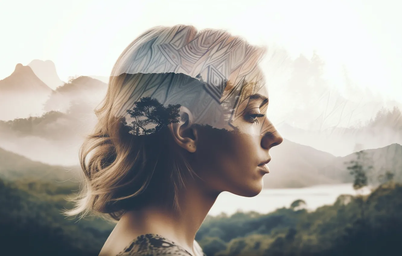 Photo wallpaper freedom, girl, mountains, nature, beauty, head, side, digital art