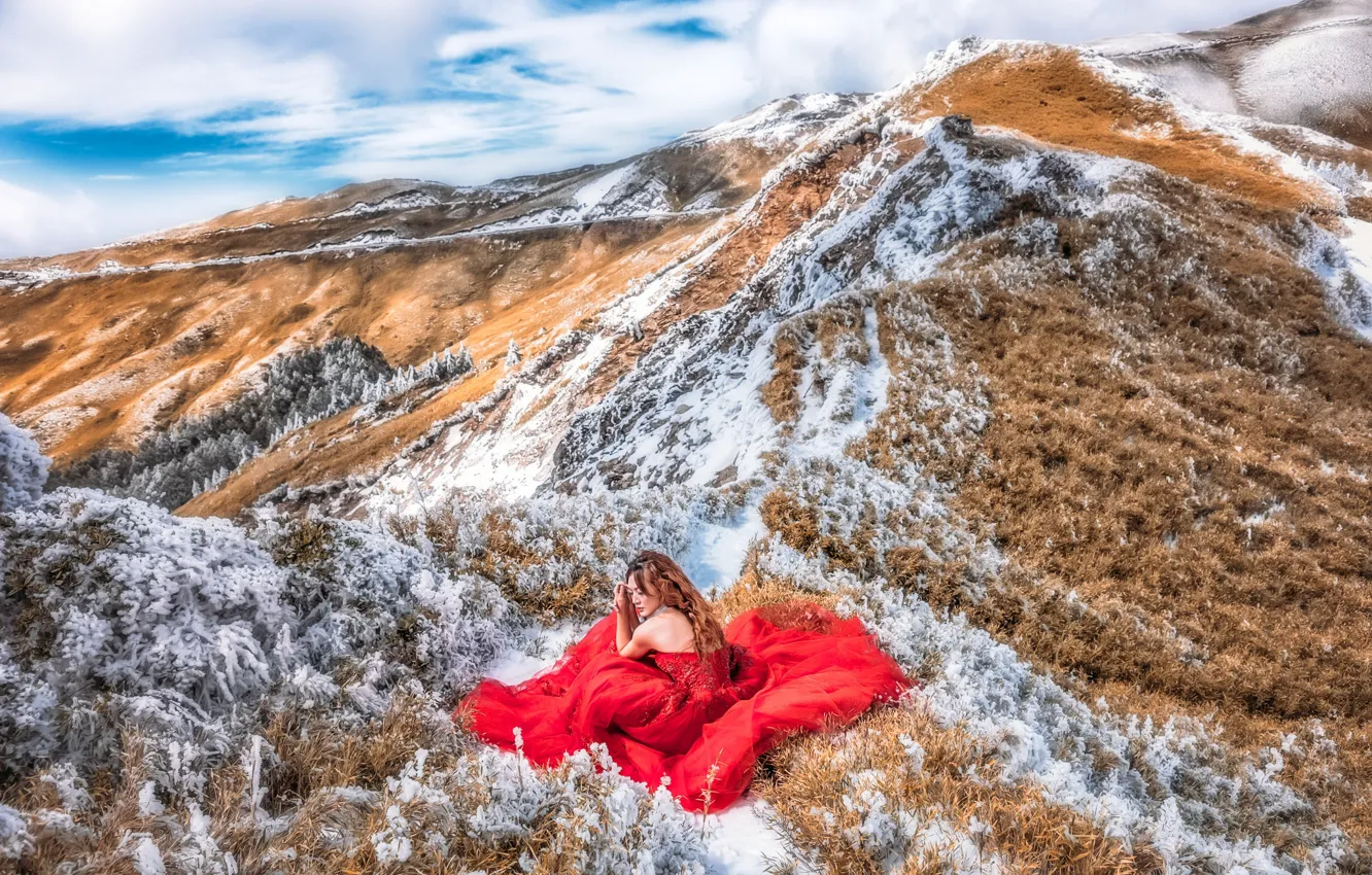 Photo wallpaper girl, snow, mountains, red, dress, sitting