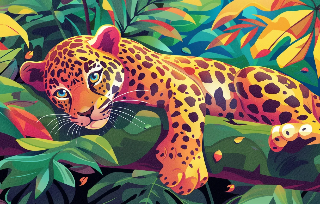 Photo wallpaper leaves, branches, predator, Jaguar, cub, kitty, big cat, digital art