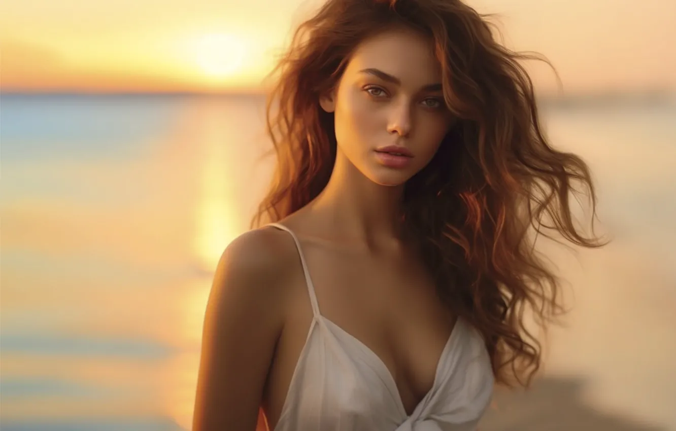 Photo wallpaper sea, beach, chest, look, girl, the sun, light, sunset