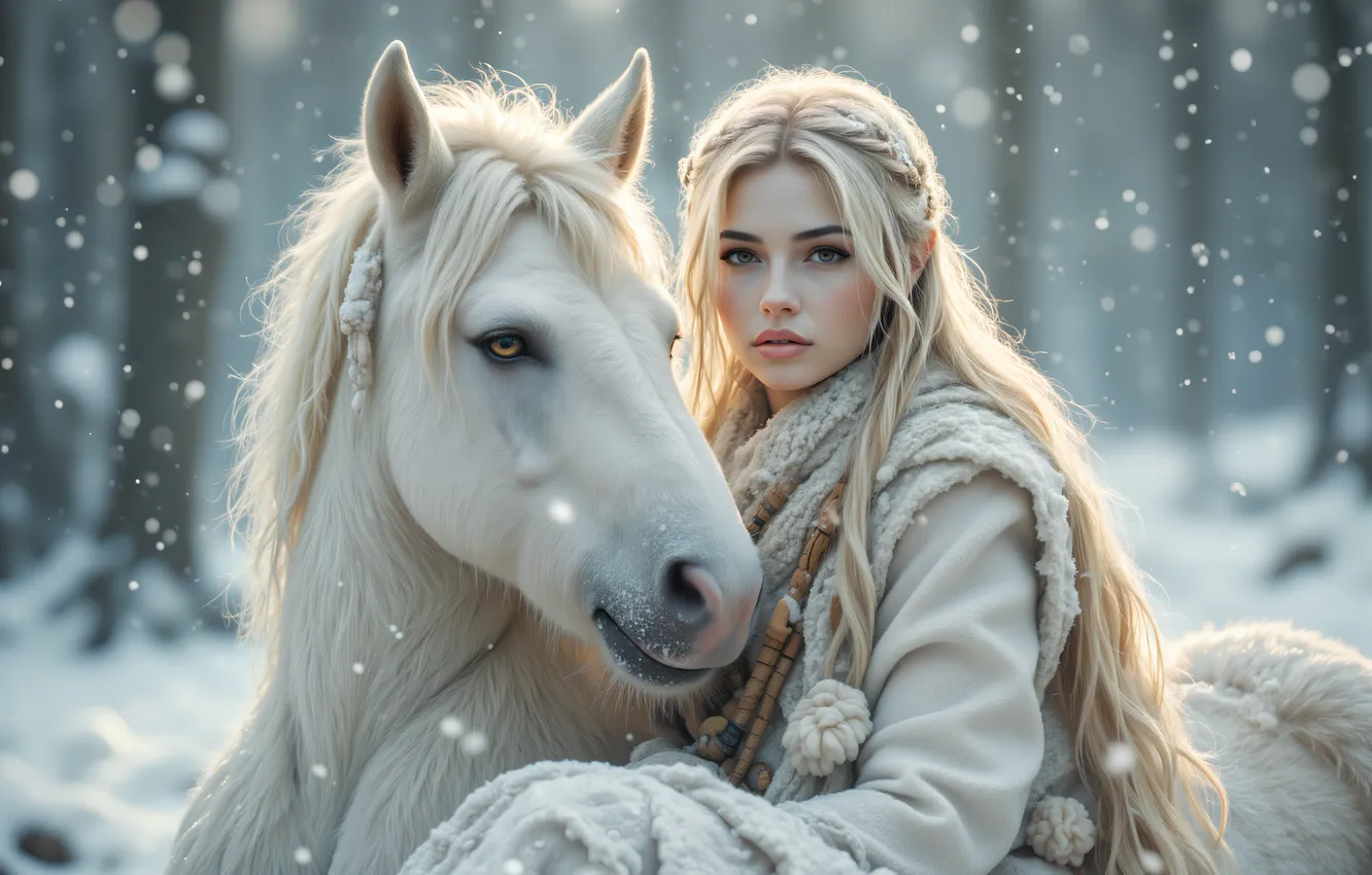 Photo wallpaper winter, forest, white, look, girl, light, snow, nature