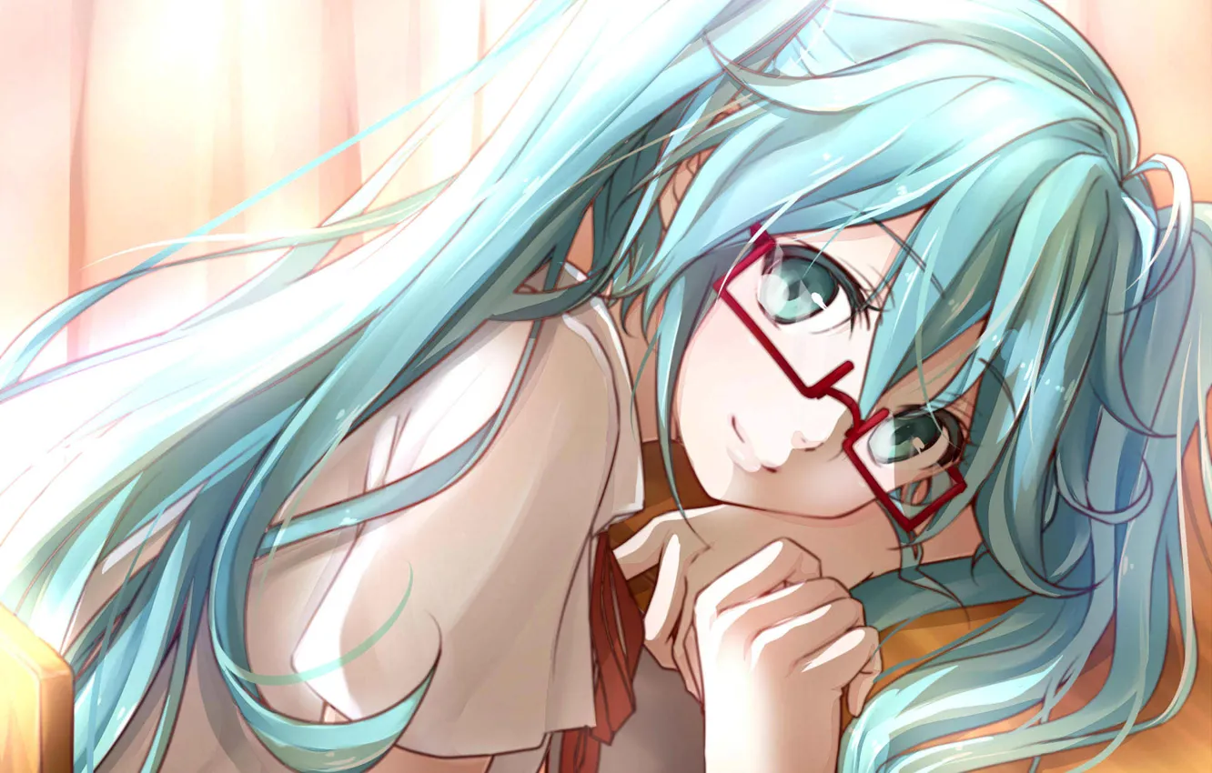 Photo wallpaper glasses, blue eyes, vocaloid, bow, Vocaloid, blue hair, art, miku hatsune